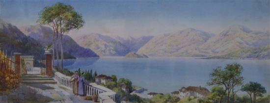 Claude Rowbotham (1864-1949), watercolour, Italian lake scene with figures on a terrace, signed and dated 1893, 20 x 48cm